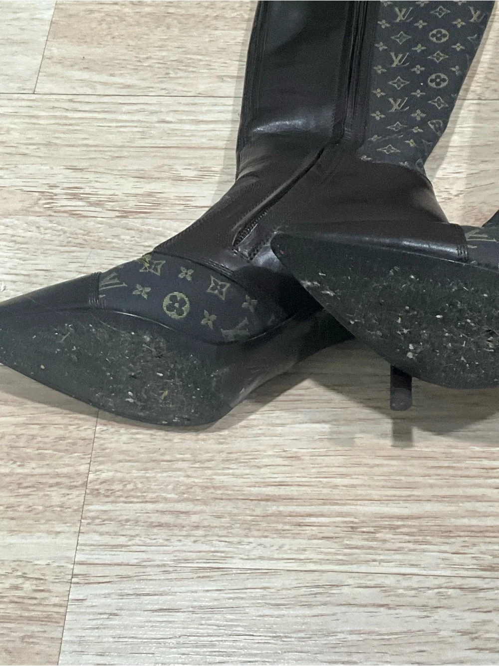 Louis Vuitton Black Monogram Paneled Knee-High Pointed Boots